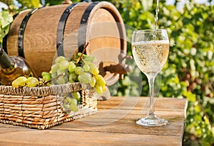 Pouring of white wine into glass on table in vineyard