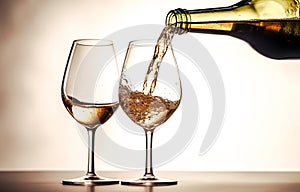 Pouring white wine into a glass on a white background, close-up