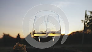 Pouring white wine into glasses at dusk in the vineyard