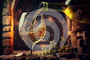 Pouring Wine into Glass, Wineglass Motion, White Drink Splashing, Abstract Generative AI Illustration