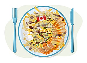 Poutine illustration. Canadian quebec quisine. French fries and cheese photo
