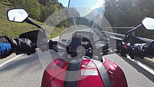 POV Biker Rides on Motorbike by Scenic Green Mountain Road, Swiss Alp, Moto Trip