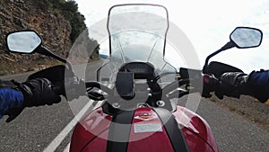 POV Biker Rides on Motorbike by Scenic Mountain Road, Moto Adventure, Freedom