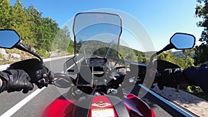 POV Biker Rides on Motorbike by Scenic Mountain Road, Moto Adventure, Freedom