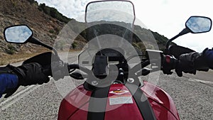 POV Biker Rides on Motorbike by Scenic Mountain Road, Moto Adventure, Freedom