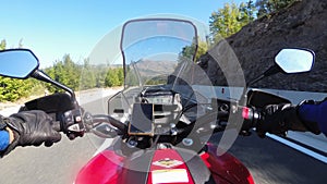 POV Biker Rides on Motorbike by Scenic Mountain Road, Moto Adventure, Freedom