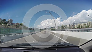 POV car drives to Sochi. View through windschield of moving car
