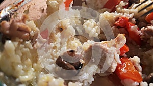 POV eating delicious steamed rice with mushrooms and carrots. Close-up texture of fried rice with meat and vegetables