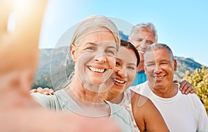 POV of a group of active seniors posing together for a selfie or video call on a sunny day against a mountain view