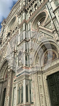 POV looking up at Cathedral of Santa Maria del Fiore in Florence Italy, birth place of renaissance movement