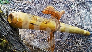 POV on the mouth piece of a Native American six holes flute.