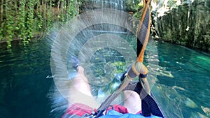 POV of o man on the zip line, water landing, Mexico