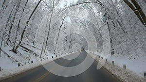 POV shot of car drives along the road in winter snowy forest