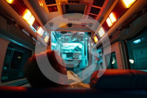 pov shot from inside an ambulance looking out at flashing strobes