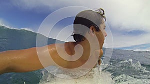 POV Surfer Riding Wave Slow Motion