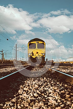 POV of UK freight locomotive approaching in a head on view