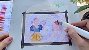 POV view of artist starting to apply blocks of colours using alcohol markers. Snowwhite and dwarf hand drawn by a