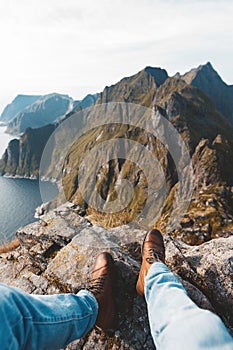 POV view on great mountains and hiking boots