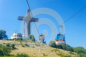 POV view of tourist on ride of gondola cablecar to Vodno mountain photo
