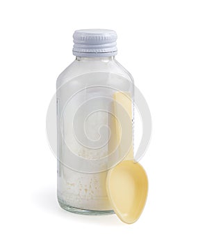 Powder antibiotic for children in a glass bottle.