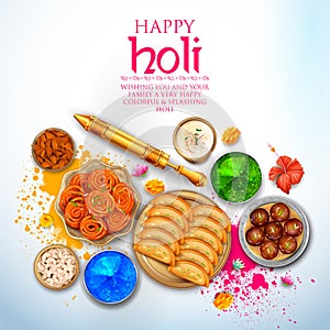 Powder color gulal and gujiya sweet with thandai for Happy Holi Background