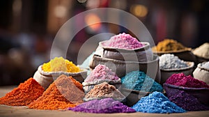 Powder colours food curry blue india spice yellow background asian indian dye red