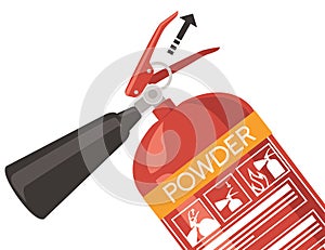 Powder fire extinguisher with safe labels simple tips how to use icons flat vector illustration on white background