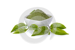 Powder green tea and green tea leaf