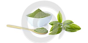 Powder green tea and green tea leaf