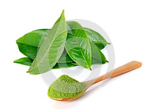 Powder green tea and green tea leaf