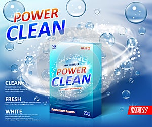 Powder laundry detergent Advertising poster. Washing powder carton box package label template with soap bubbles. Stain