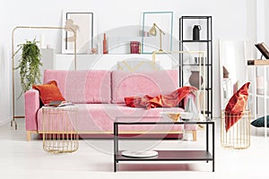 Powder pink couch with red pillow and blanket in apartment full of art and shelves