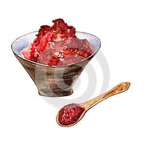 Powder red hot peppers in a bowl and spoon watercolor illustration isolated on white background.