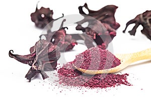 Powder of Roselle flower buds in wooden spoon on white background