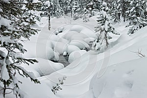 Powder snowdrifts on the stones of mountain river and forest snowfall