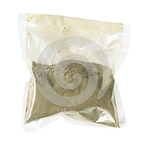 Powder of stevia rebaudiana in plastic bag cutout