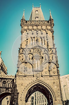 The Powder Tower or Prasna Brana in Prague, Czech Republic. Vintage