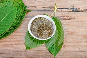 Powder in white bowl on kratom leaf