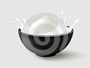 Powdered milk in a black bowl with milky splash isolated on gray background. Side view