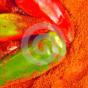 Powdered spices and red and green peppers