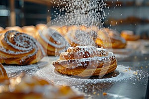 Powdered sugar dusting delicious fresh pastry in a bakery setting