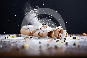 powdered sugar dusting over chocolate chip cannoli