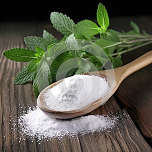 Powdered sugar in a wooden spoon, with fresh stevia leaves, on a wooden background