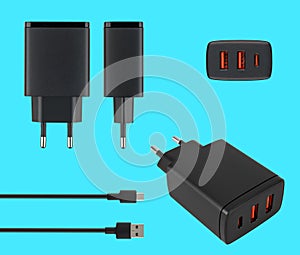 power adapter for phone tablet, accessory for phone, on a blue background, collage