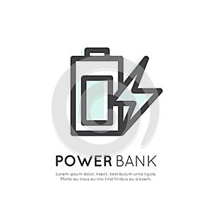 Power Bank Battery Phone Charger Battery, Minimalistic Vector Flat Line Outline Stroke Icon Pictogram Symbol