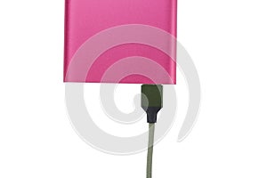 Power bank for charging mobile devices. Pink smart phone charger with power bank. battery bank