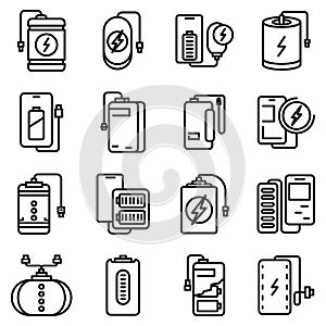 Power bank icons set, outline style