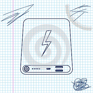 Power bank line sketch icon isolated on white background. Portable charging device. Vector Illustration.