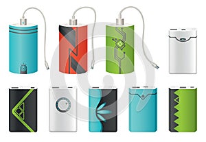 Power bank mockup set with and without USB cable. Colorful portable charger device. External battery for charging