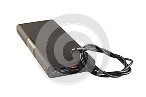 Power bank with usb cable. External battery for recharging isolated on white background